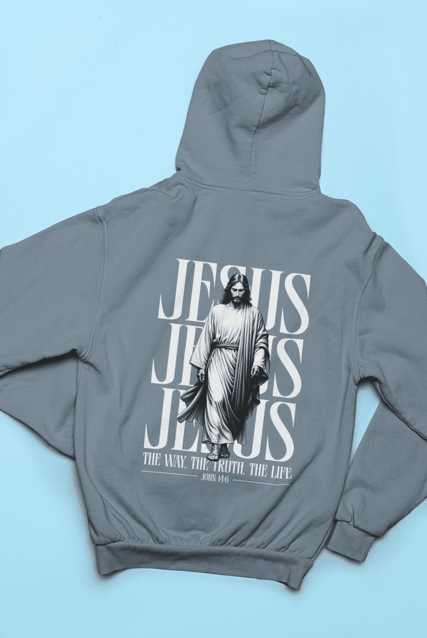 Christlicher Herren Hoodie mit Jesus – „The Way, The Truth, The Life“ Bibelvers Backprint