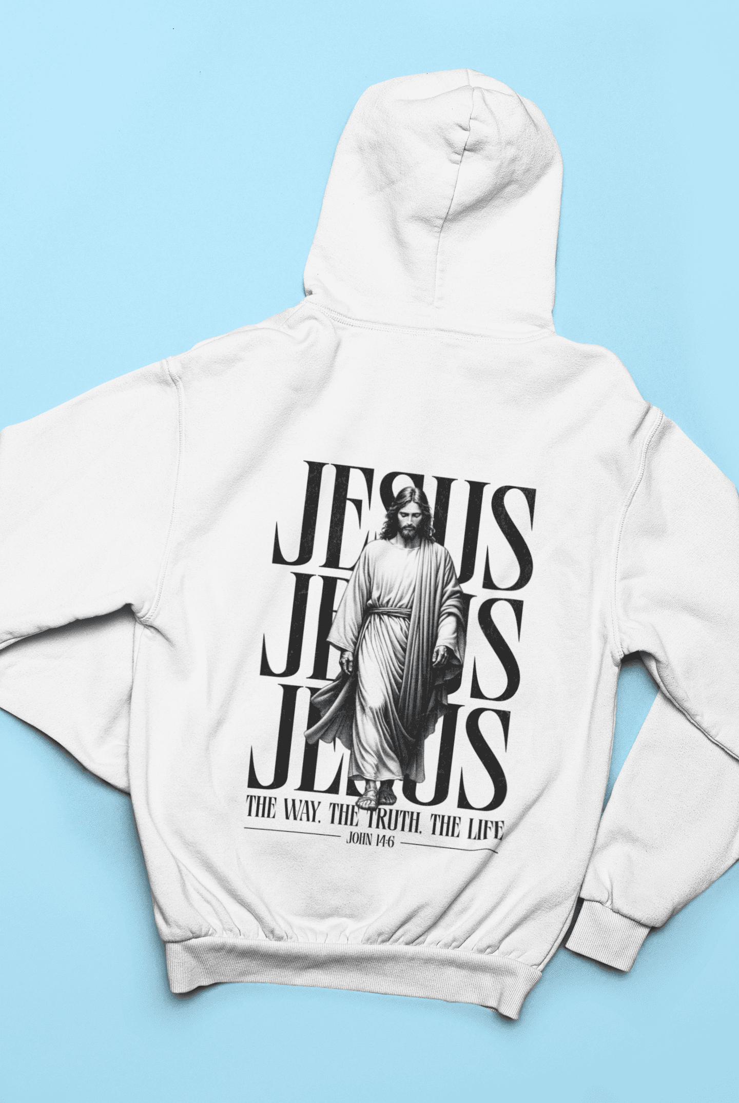 Christlicher Herren Hoodie mit Jesus – „The Way, The Truth, The Life“ Bibelvers Backprint