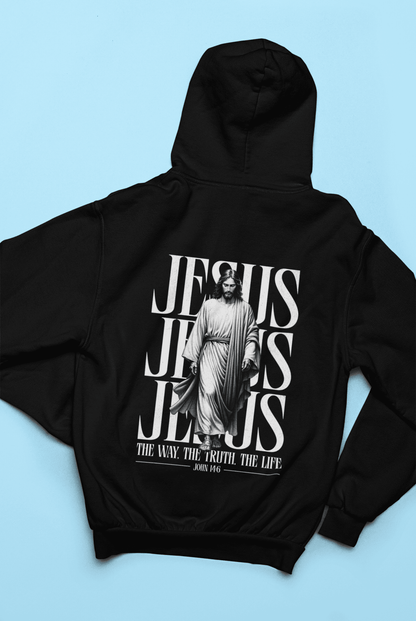 Christlicher Damen Hoodie mit Jesus – „The Way, The Truth, The Life“ Bibelvers Backprint
