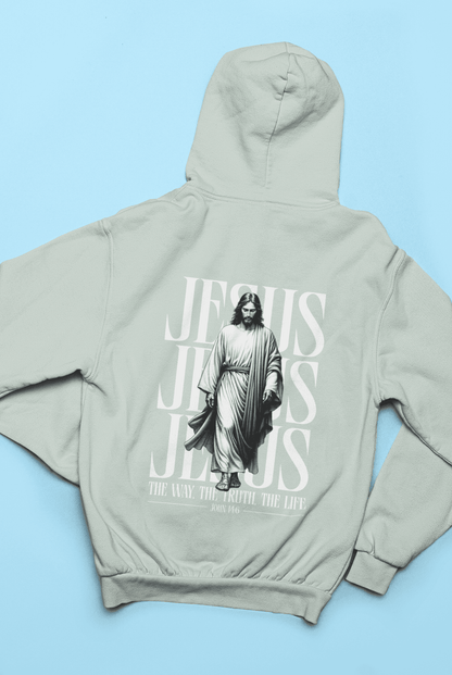 Christlicher Damen Hoodie mit Jesus – „The Way, The Truth, The Life“ Bibelvers Backprint