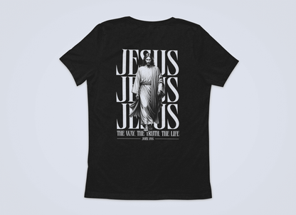 Christliches Damen T-Shirt mit Jesus – „The Way, The Truth, The Life“ Bibelvers Backprint