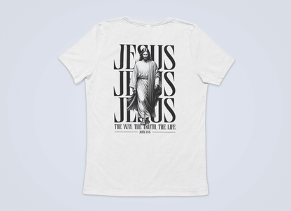 Christliches Damen T-Shirt mit Jesus – „The Way, The Truth, The Life“ Bibelvers Backprint