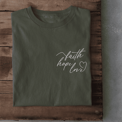 Christliches Damen T-Shirt „Faith Hope Love“ – Christliche Botschaft
