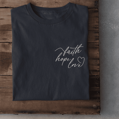 Christliches Damen T-Shirt „Faith Hope Love“ – Christliche Botschaft