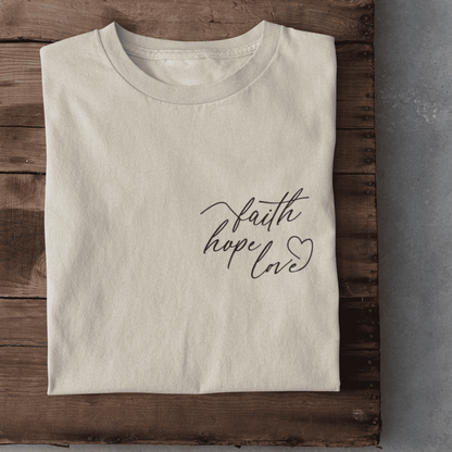 Christliches Damen T-Shirt „Faith Hope Love“ – Christliche Botschaft